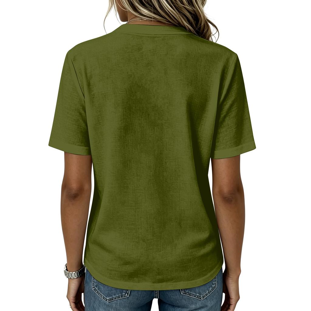 Women’s Fashion Solid Pattern Henley Button Neck Short Sleeve Cotton Linen Shirt for Casual and Daily Wear