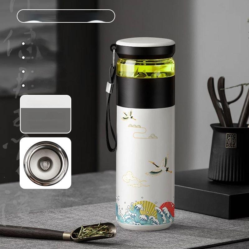 

500ML Stainless Steel Thermos Bottle With Lid Portable Vacuum Flasks Red-crowned Crane Pattern Coffee Tea Water Bottle 500ML