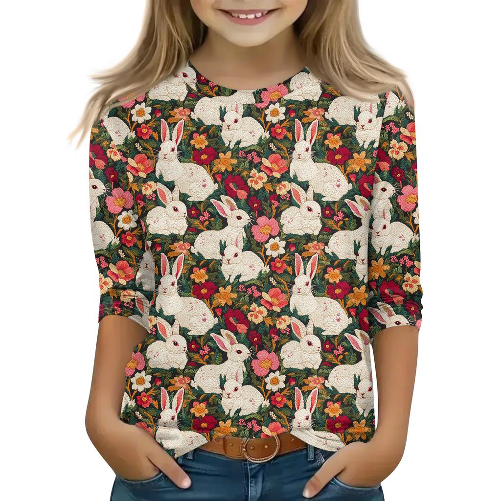 Print Tops For Youth Girls Round Neck 3/4 Sleeves T-Shirts Trendy Tops Outfit Tees