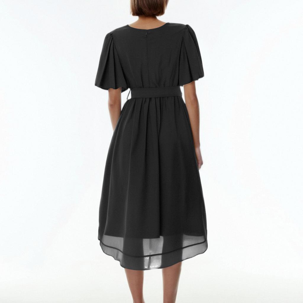 Ladies' Casual And Fashionable Solid Color V-neck Waist Cinching A-line Zipper Dress