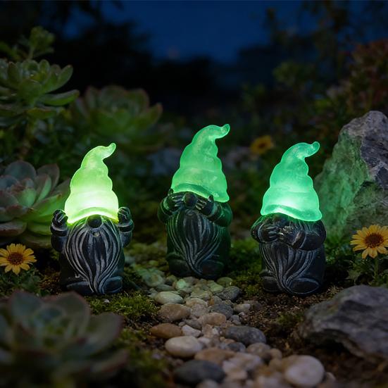 3 Pcs Gnome Garden Stakes, Resin Miniature Hear See Speak No Evil Gnome Figurine for Fairy Garden, Flower Pot, Balcony, Yard, Outdoor Lawn Decor