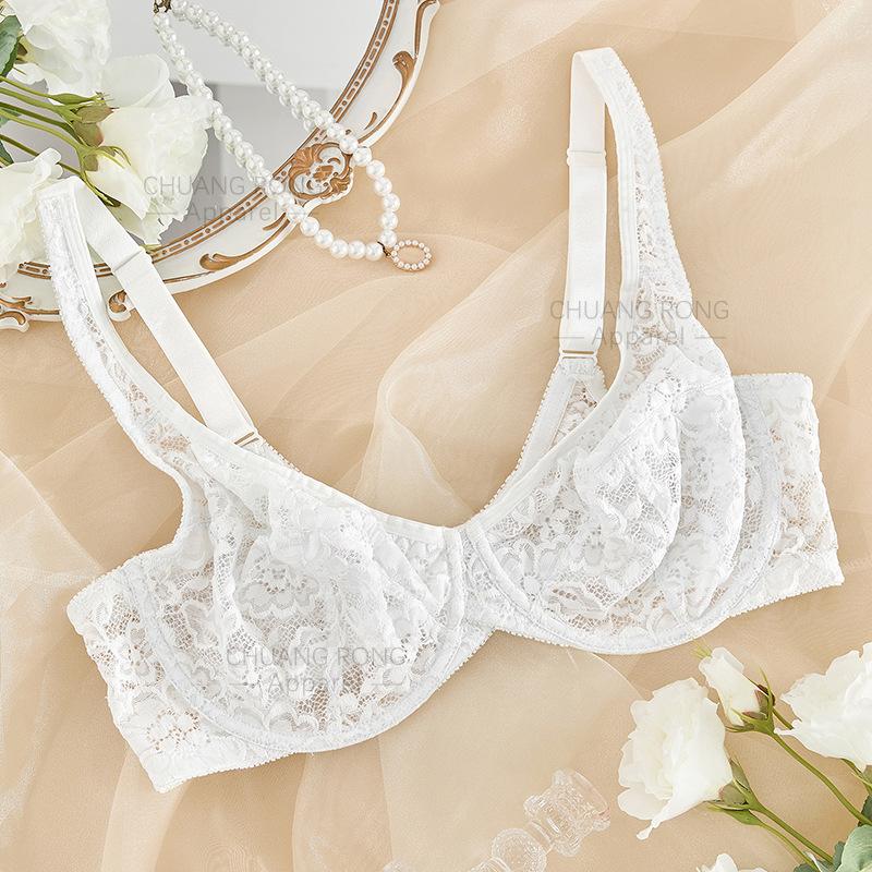 

European and American women s large size with steel rim ultra-thin cup, sexy lace hollow underwear, semi-breathable and comfortable women s bra, bra 44/100C білий