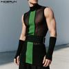 INCERUN Men Sleeveless Striped Stitching Mesh Sheer Fitted Tank Tops with Oversleeve