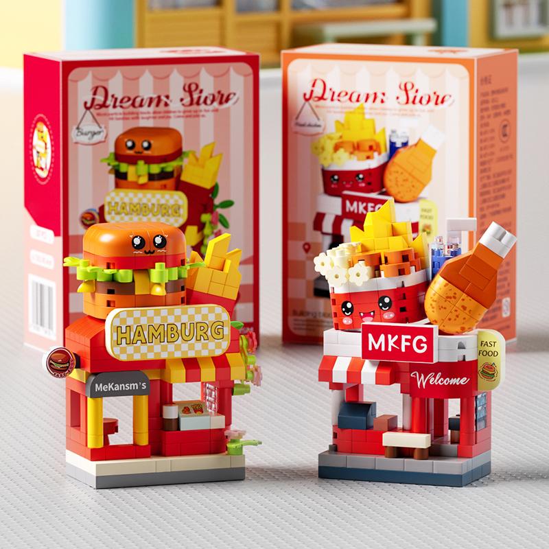 Restaurant Dessert Coffee Fruit Flower Store Snack Street View Cake Food House Building Blocks Kits Girls Bricks Model Kids Toys