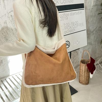Ins Autumn and Winter Retro Plush Bag Plush Bag Suede Splicing Lamb Wool Tote Bag Lazy Wind Shoulder Messenger Bag