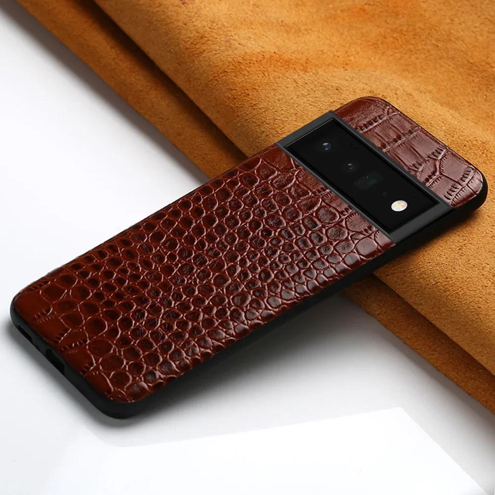 Echte Rindsleder Handyhülle für Google Pixel 7 8 9 Pro Pixel8Pro Luxus Retro Krokodil Alligator Muster Rückseite