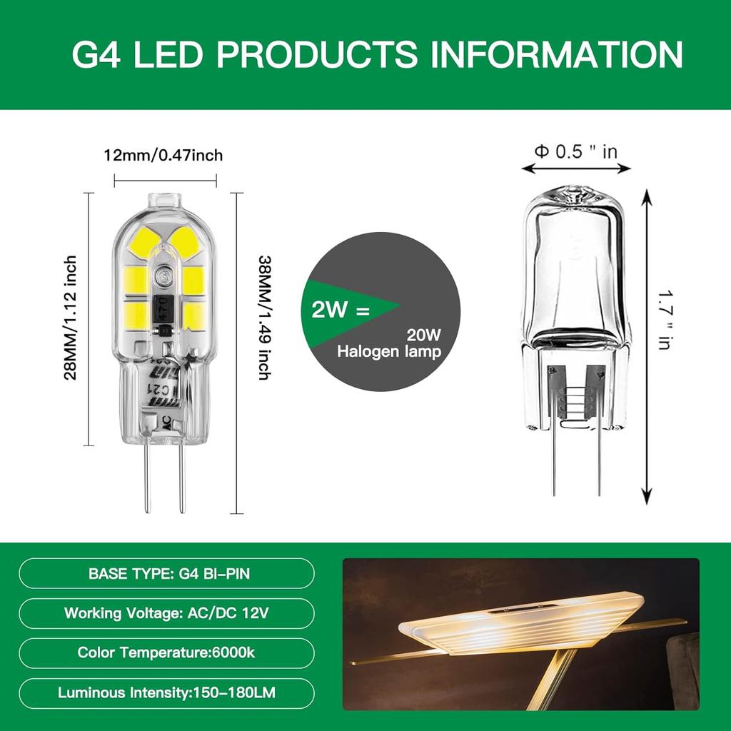 G4 LED Bulb 12V G4 Bi Pin Bulb 2W Equivalent to Halogen lamp 20W, 6000K White Light, Non-dimmable, Suitable for Landscape Bulbs 10-Pack
