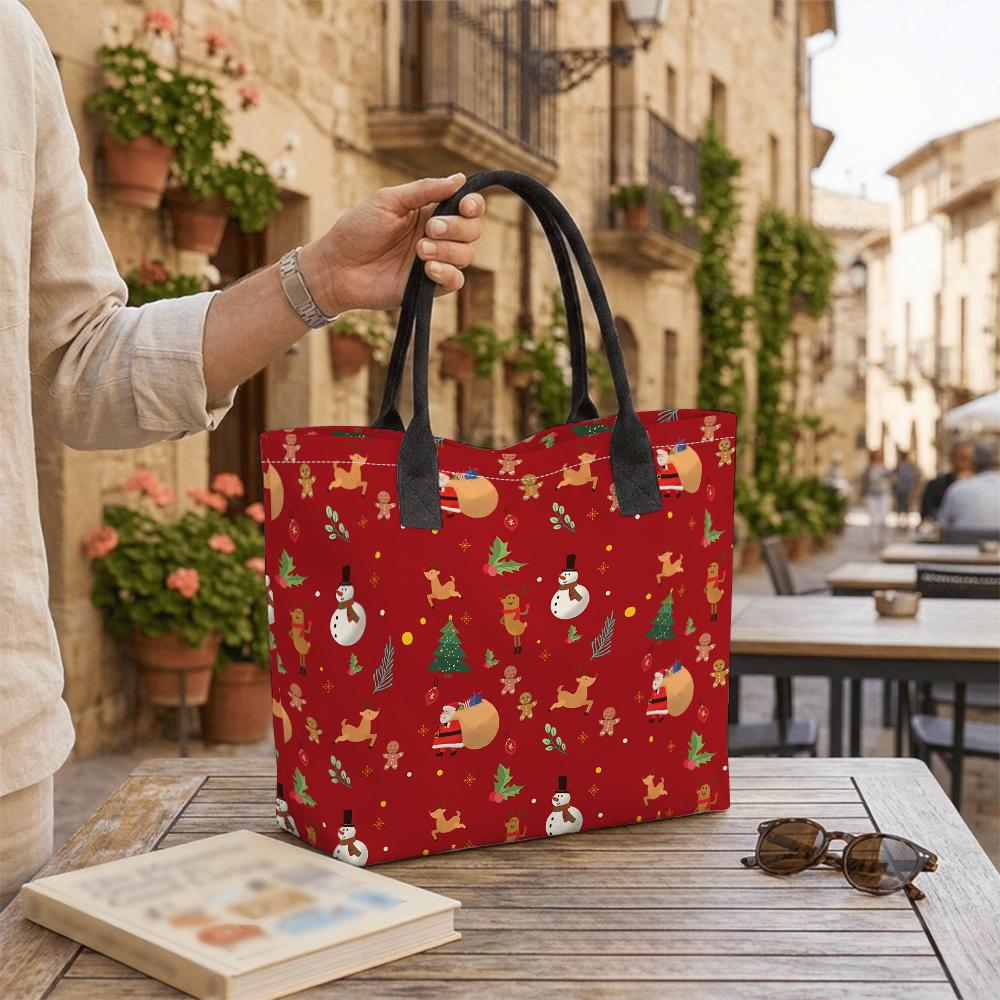 Christmas Pattern Canvas Tote Bag Large Capacity Casual Holiday Shopping Handbag for Daily Use