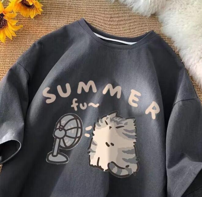 

Милая Креативная Футболка с Кошкой-Вентилятором для Мужчин и Женщин, Летняя, Расслабленная, с Коротким Рукавом, Парная Одежда, INS Топ, Чувство Дизайна, Уличная Одежда 3XL серый