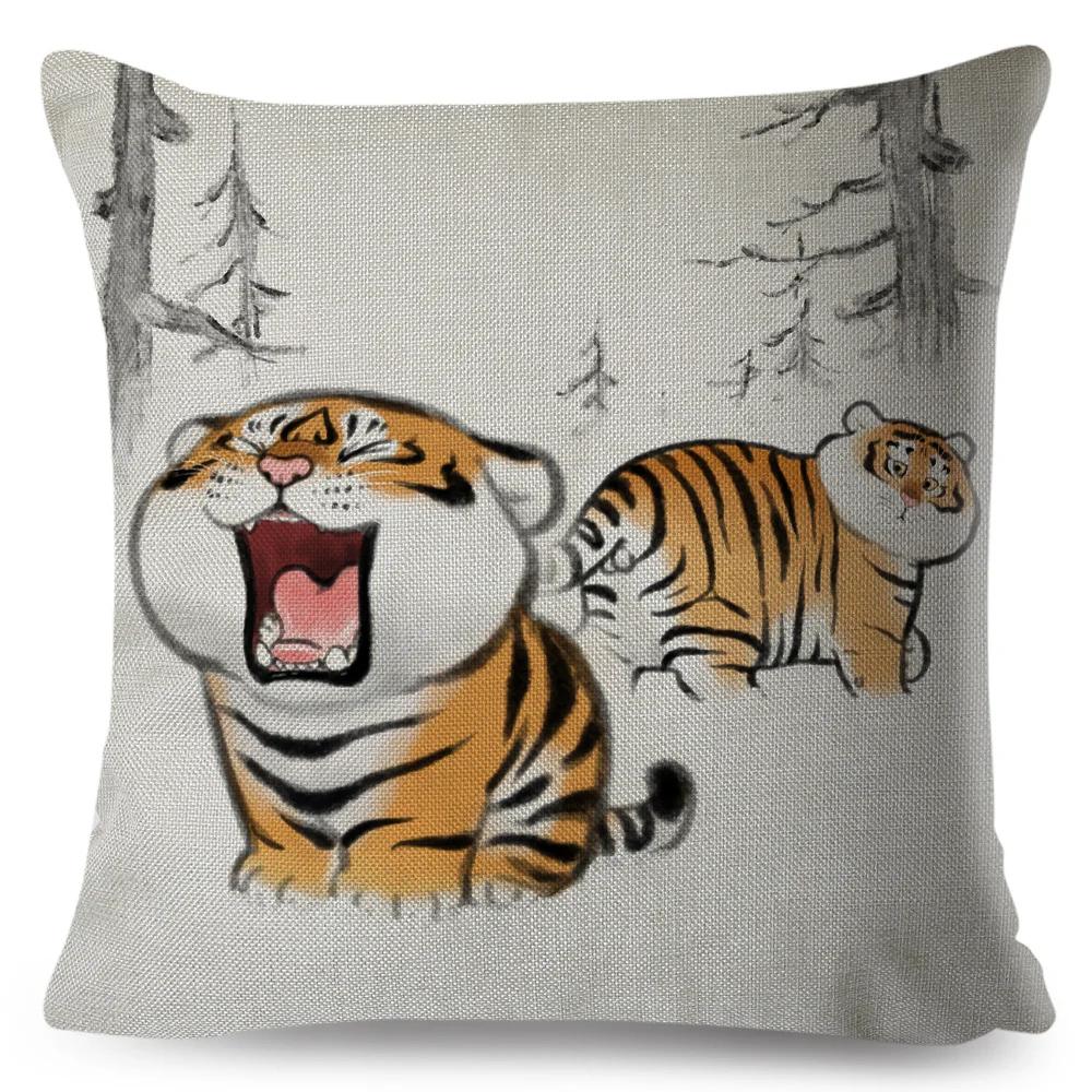 Funny Fat Tiger Cushion Cover Decor Cute Cartoon Animal Pillow Case for Sofa Home Car Linen Chinese Ink Throw Pillowcase