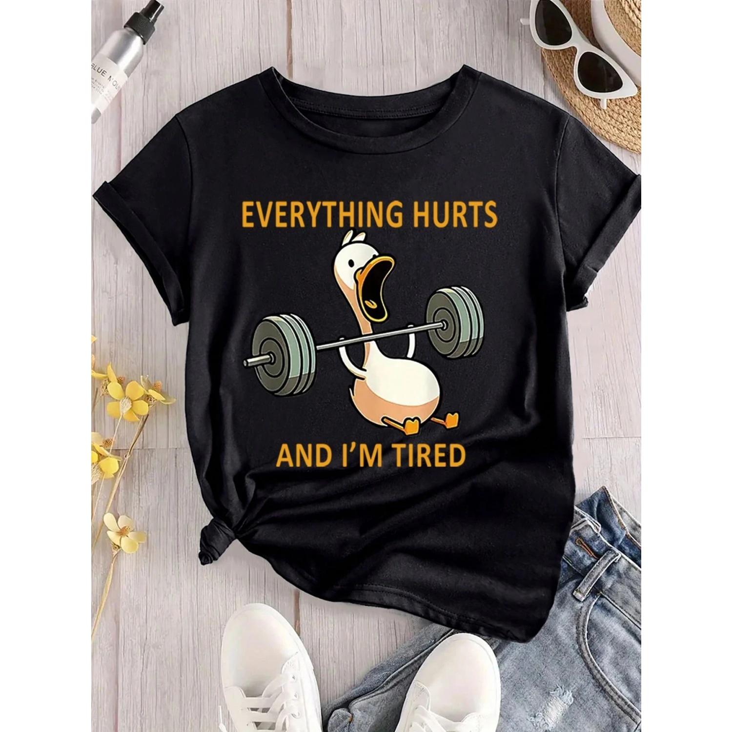 

Cartoon duck weightlifting print short-sleeved T-shirt casual and versatile style suitable for summer daily wear and going out XXXXXL чорний