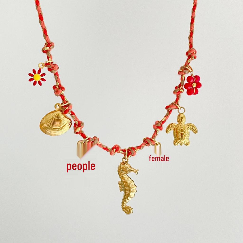 Personalized DIY Knot Rope Chain Lotus Feather Pendant Necklace with Color Retention Sun Wheel