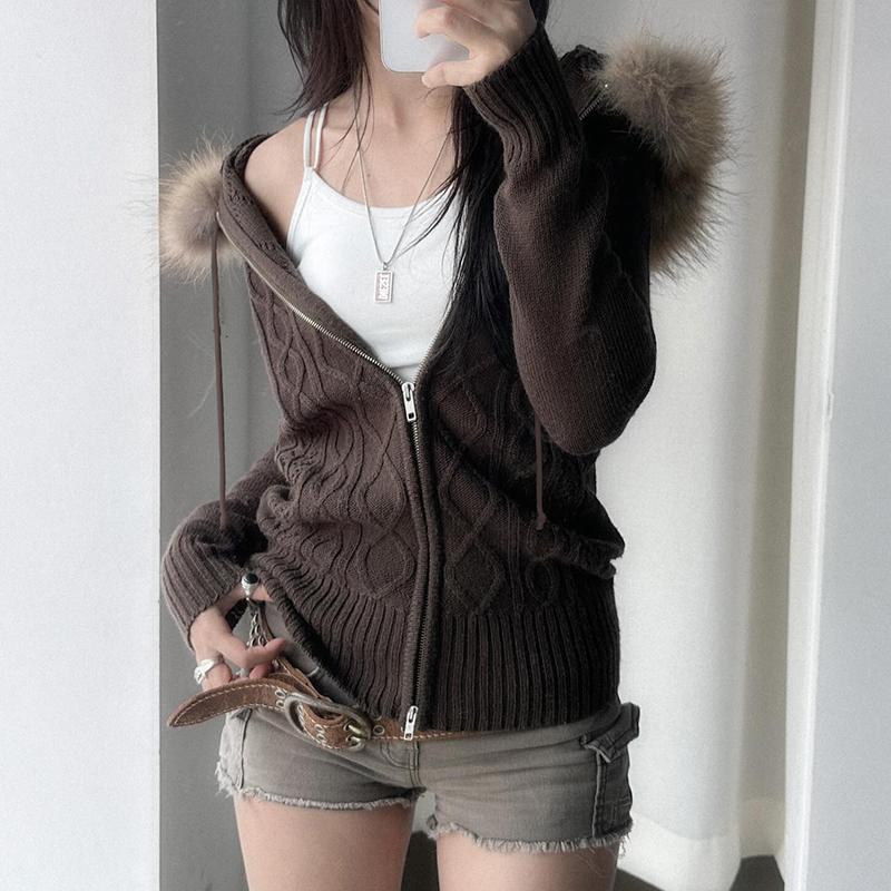 Furry Hooded Knitwear Hoodies Y2k Streetwear Full Sleeve Zip-up Women's Sweatshirts Korean Fashion Outwears Ladies