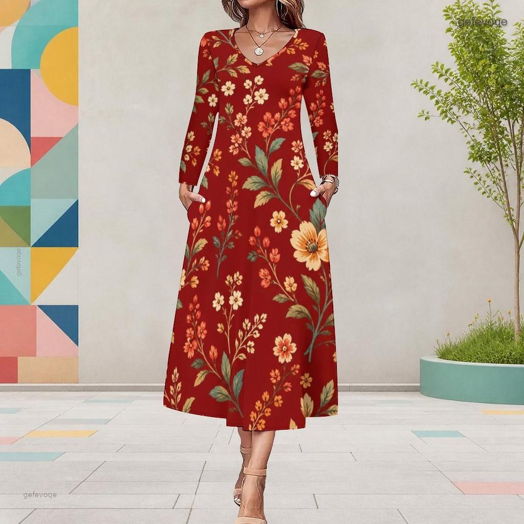 Women Plus Size V Neck Long Sleeve Red Floral Printed A Line Midi Dress With Pockets