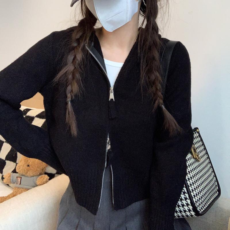 

Pure Desire Wind Grey с застежкой-молнией на плече и капюшоном, вязаный кардиган, женский осенний короткий свитер, пальто-свитер L