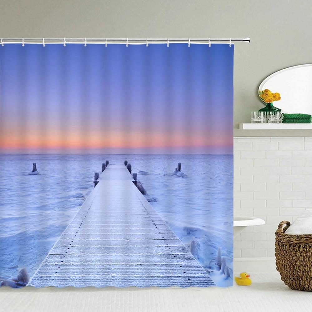 Sunlight Ocean Scenery Shower Curtains Decoration Waterproof Fabric Sunset Dusk Sea Dolphin Cowboy Bath Curtain Bathroom Screen
