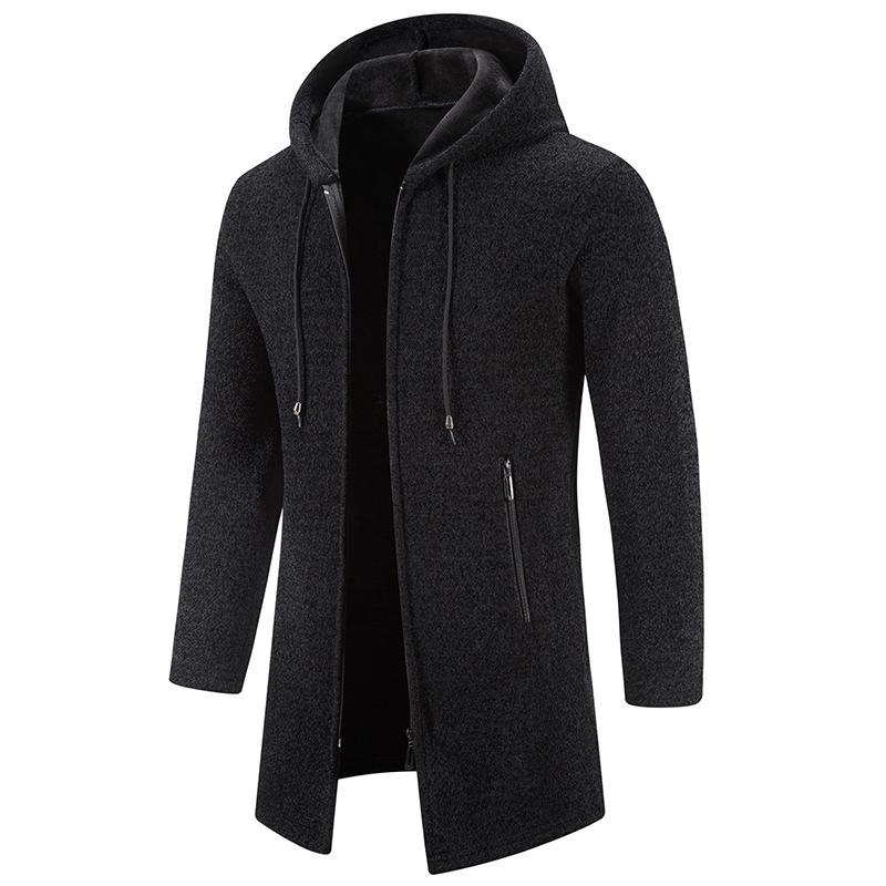 Men's Plus Velvet Hooded Knitwear Cardigan – Thickened, Windproof, Warm Mid-Length Jacket for Autumn/Winter (Middle-Aged & Elderly)