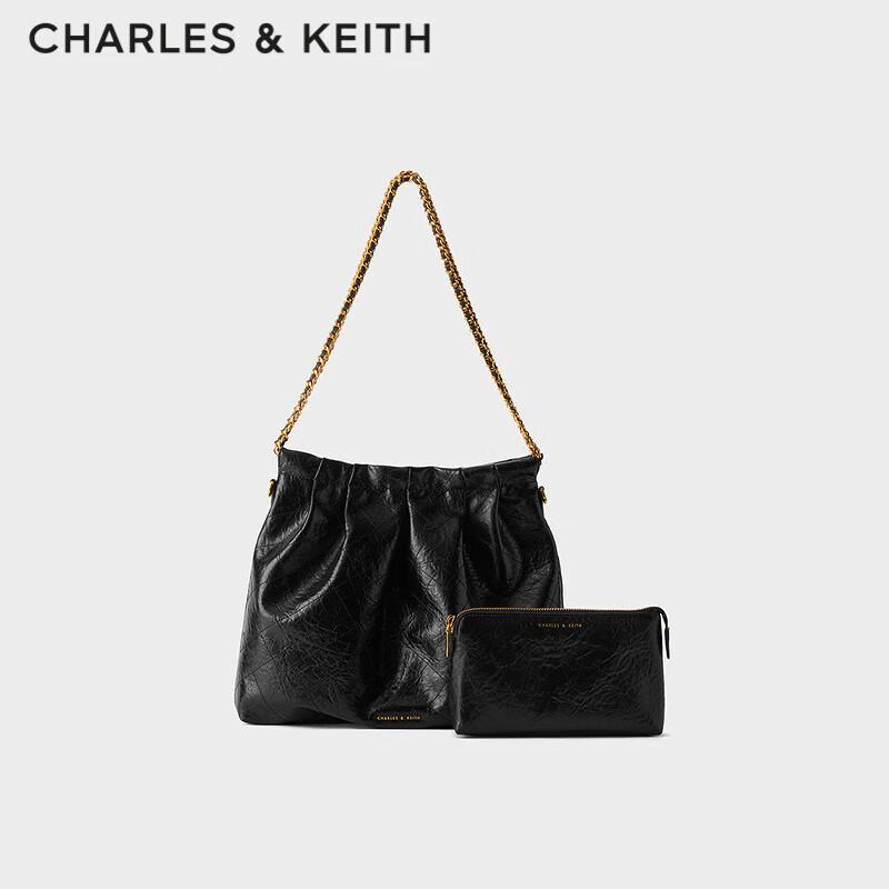 CHARLES&KEITH Ketten-Tote-Bag mit großem Fassungsvermögen, Umhängetasche für Damen, CK2-40671449, Schwarz, Größe L