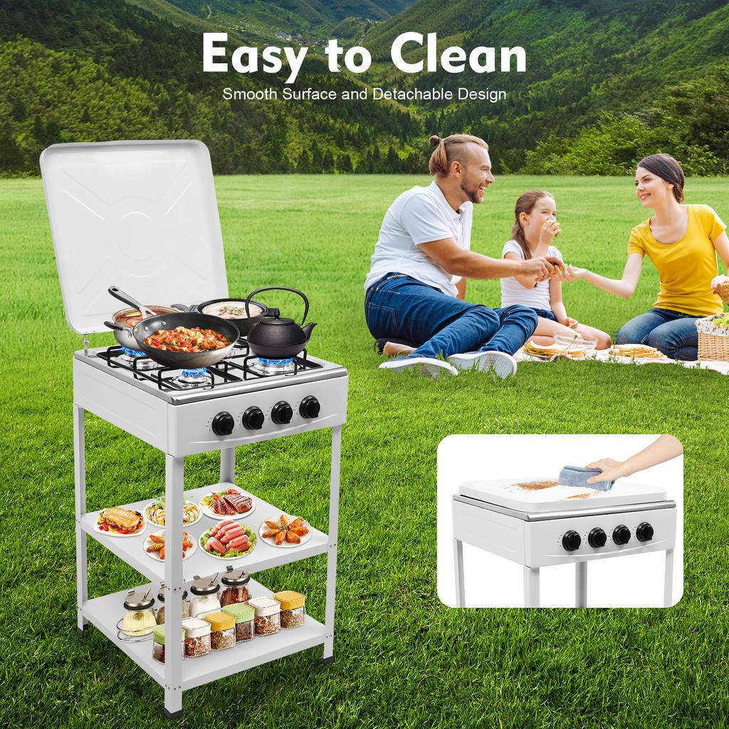 Gas Stove with Top Covers Freestanding Four-Burner Gas Stove with Double Storage Shelves Lightweight (19.8 Lbs) for Outdoor Home
