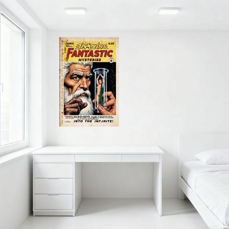 Vintage Fantastic Mysteries Comic Book Cover Tin Sign - Yellow Border Starry Background Retro Metal Poster for Bar Pub Home Wall