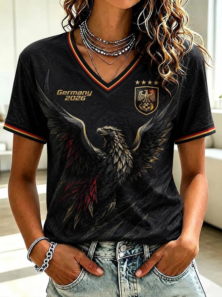 NEW Germany Football V Neck T Shirt  Black Red Yellow German Flag Sleeve Casual Sport Short Sleeve Jersey Tops Family Matching