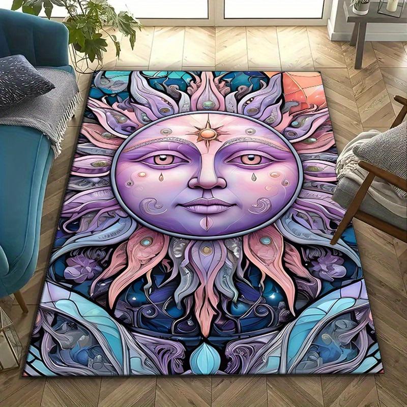 Mysterious Sun Design Area Rug, Crystal Velvet Polyester Carpet for Living Room, Bedroom, Non-Slip Home Decor Floor Mat