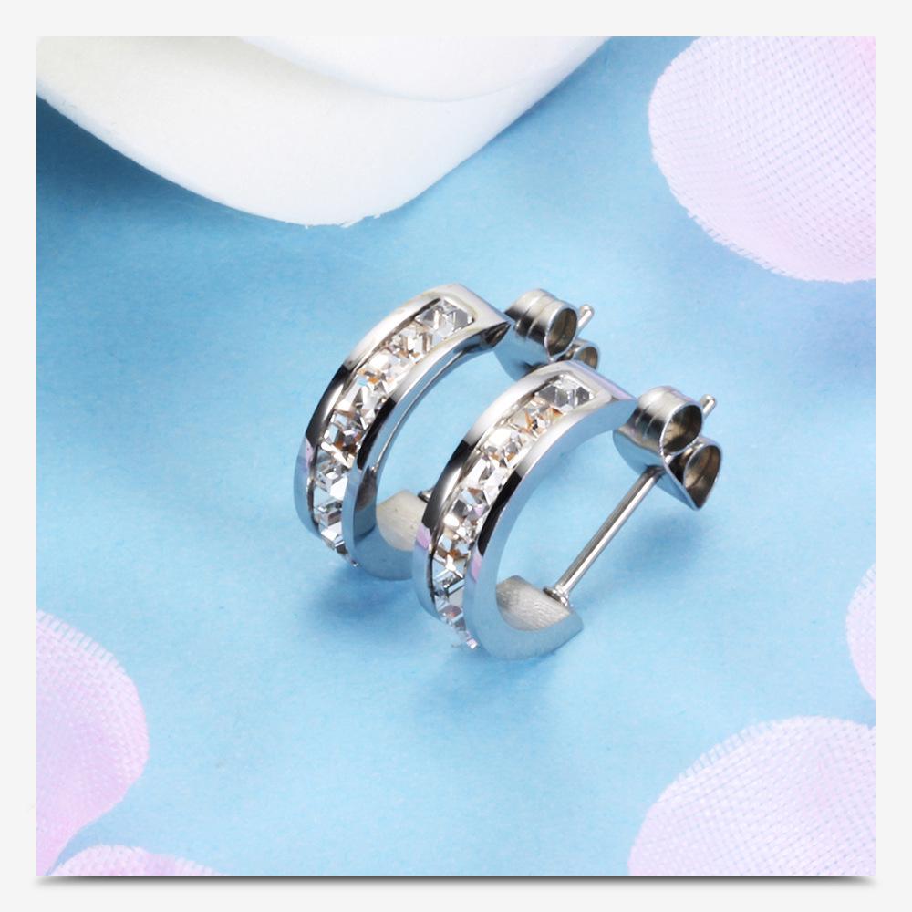 Fashionable European 14MM C-Shaped Zircon Stud Earrings, 2MM Stainless Steel, Versatile and Stylish for Women