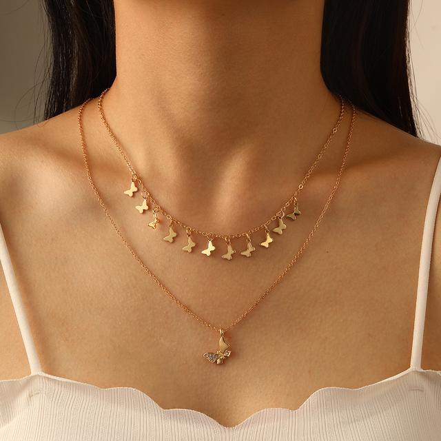 Boho metall flerlags sommerfugl halskjede for kvinner Vintage gullfarge perle paljett anheng choker halskjeder mote fest smykker