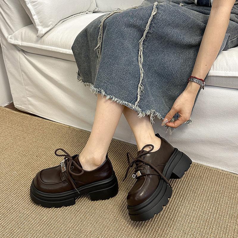 Loafers Women's Shoes 2025 New Spring and Autumn Mary Muffin Shoes British Style Platform Small Leather Shoes Lace-up Single Shoes
