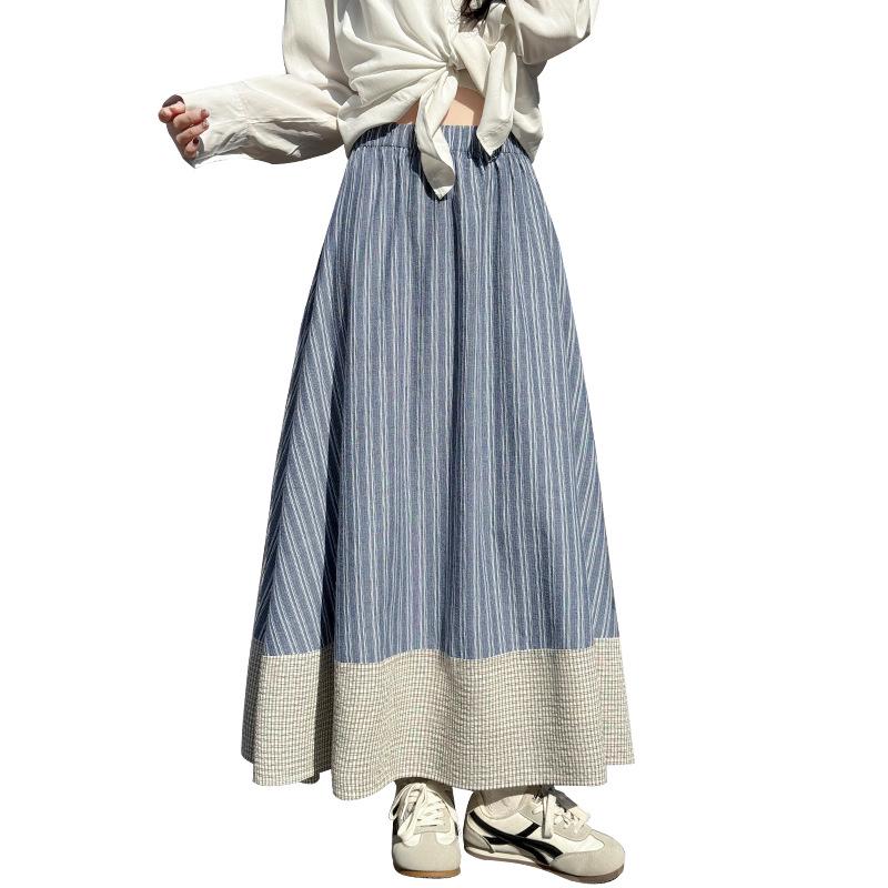Damen Hohe Taille Japanischer Retro Streifen A-Linien Schirmrock – Schlankmachend und Elegant für Frühling/Sommer
