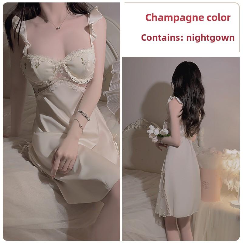 Satin V-neck Plus Chest Pad Sexy Halter Lace-up Temptation Suspender Nightdress Robe Home Set
