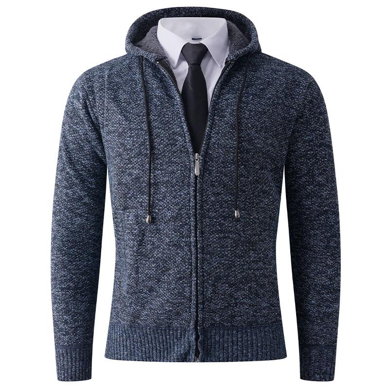 

Winter Men S Cardigan Hooded Sweater Simple Solid Color Fleece Thickened Knitted Sweater Casual Jacket M тёмно-синий