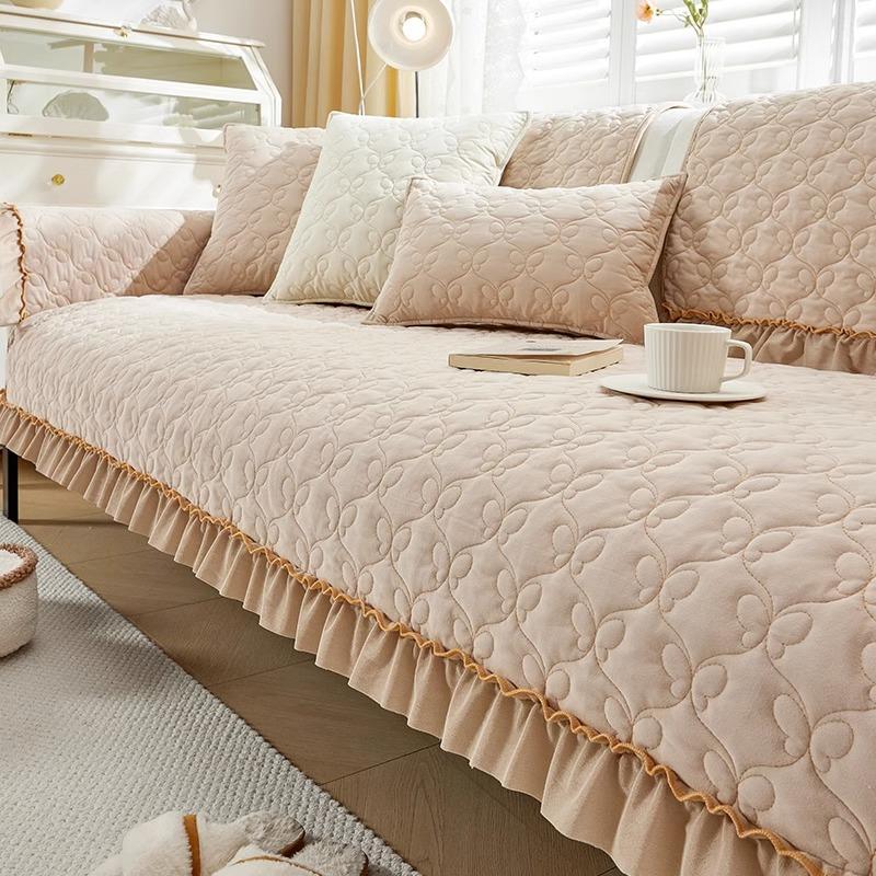 French Cream Style Sofa Cushion Four Seasons Universal Straight Row Plush Sofa Cover Cushion Anti-Slip Cover Cloth Winter
