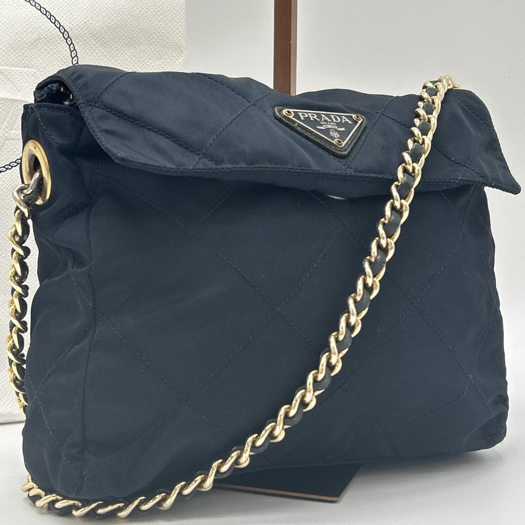 

PRADA Shoulder Bag Tote Bag Single Shoulder Strap Tessuto Nylon Quilted Gold Chain Triangle Logo Plate White Tag