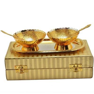 German Silver Bowl Spoon And Tray For Gifts Set Of 5 | Golden And Silver, 100 ML