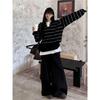 Autumn and Winter Olo Collar Lazy Striped Top Long Sleeve Loose Lapel Contrasting Color Long Sleeve Outer Women's Knitted Sweater