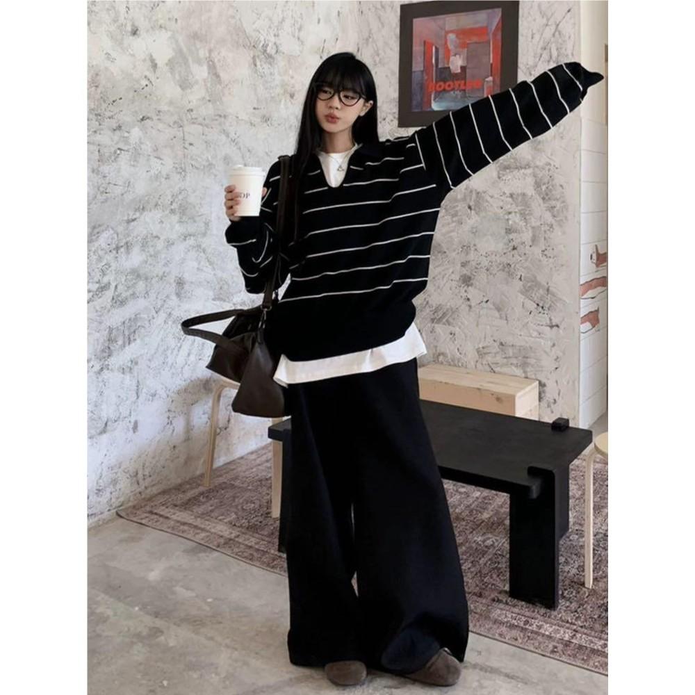 Autumn and Winter Olo Collar Lazy Striped Top Long Sleeve Loose Lapel Contrasting Color Long Sleeve Outer Women's Knitted Sweater