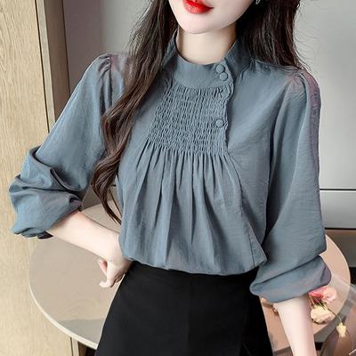 Camicia a maniche lunghe plissettata con colletto alla coreana, da donna, nuova, design premium, senso, interno, top