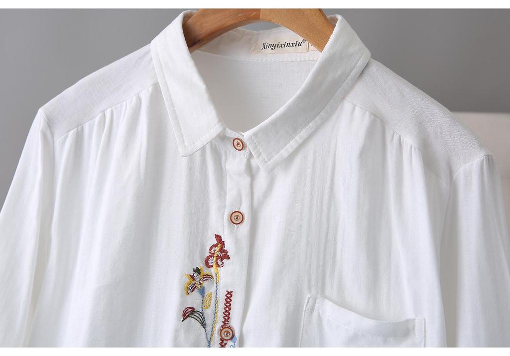 2026 Spring Plus Size Women's Long Sleeve Embroidered Cotton Cardigan Shirt for Curvy Women