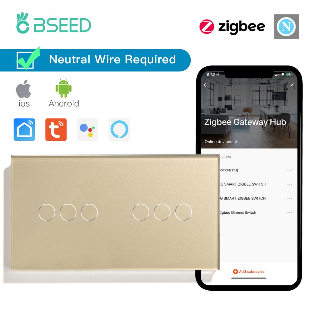 BSEED zigbee 1/2/3Gang Smart Touch Switches Tuya Smart Life App Control Plus Normal Power Sockets EU Standard Neutral Required