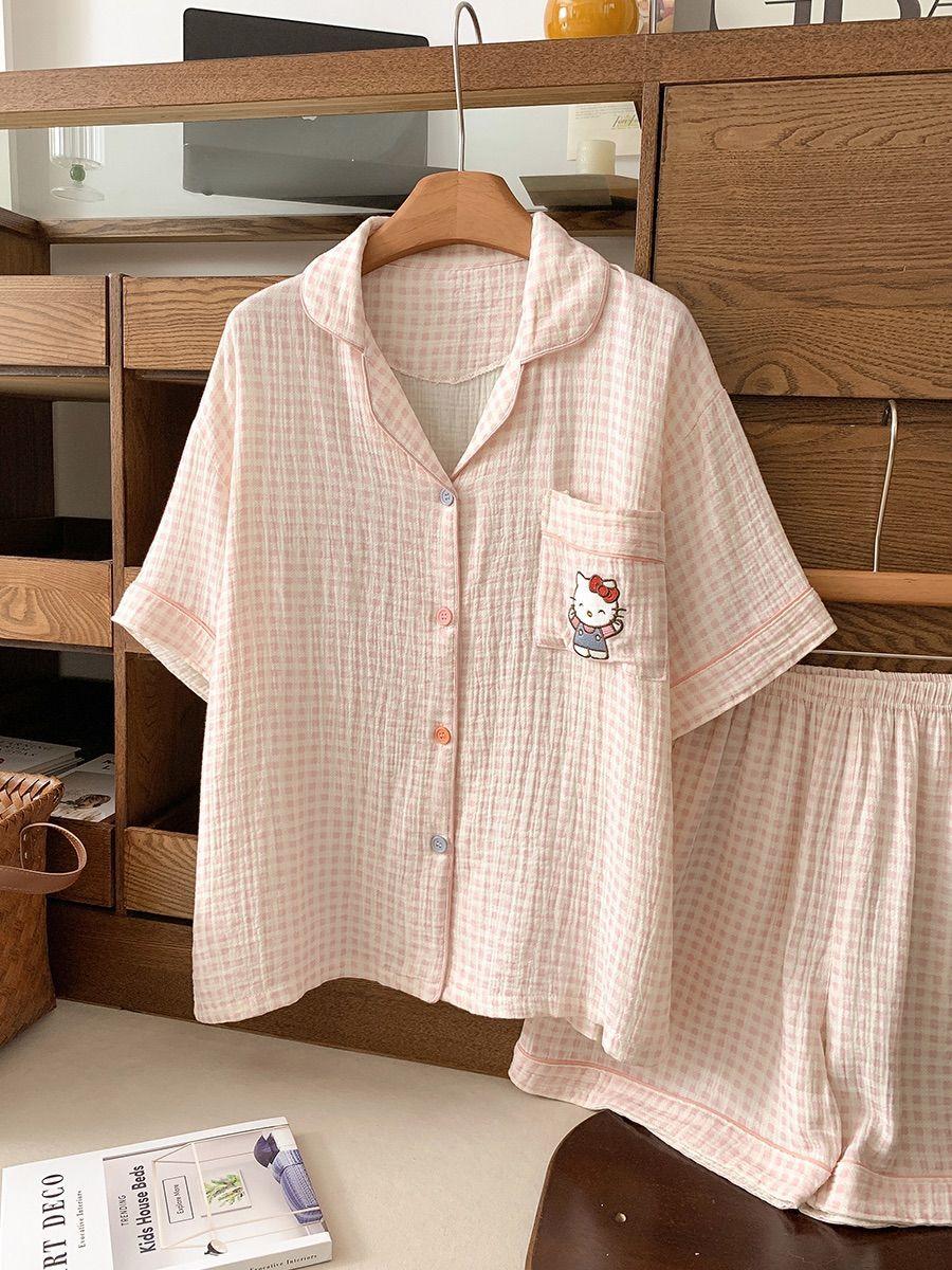 

Pink plaid pocket Hello Kitty pajamas women s summer short-sleeved shorts set can be worn outside soft cute princess style loungewear S