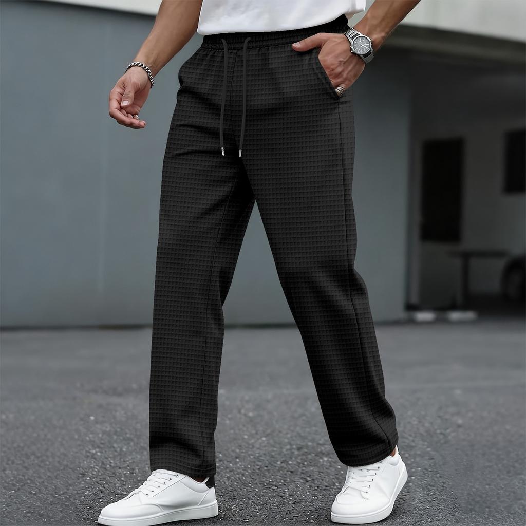 Men's Casual Plaid Drawstring Pants with Elastic Waistband Relaxed Fit Lightweight Trousers for Daily Wear