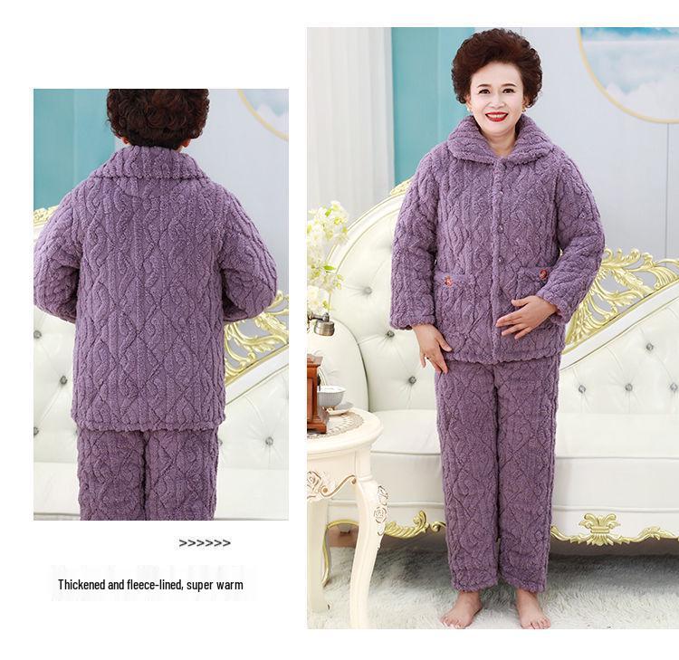 Three-Layer Fleece-Lined Quilted Winter Pajama Set for Elderly Women - Warm Coral Fleece Home Wear & Outerwear