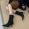 2025 Autumn and Winter New Fashion Versatile Pointed Heel Suede French Thin Short Boots Fashion Buckle Khaki