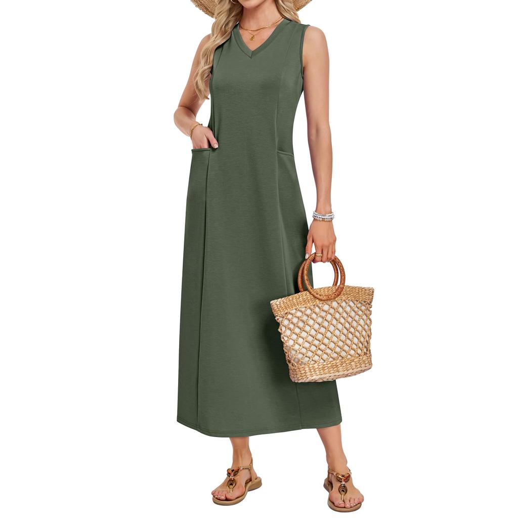Women's Fashionable Color V Neck Sleeveless Vest Dress A-line Beach Dress