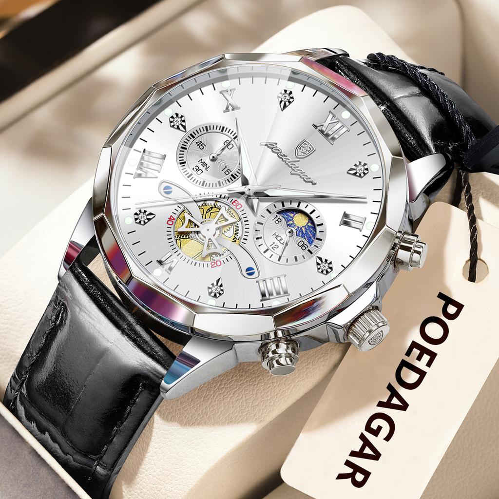 Luxury Men Wristwatch Quartz Waterproof Luminous Moon Phase Chronograph Leather Man Watch Male Reloj