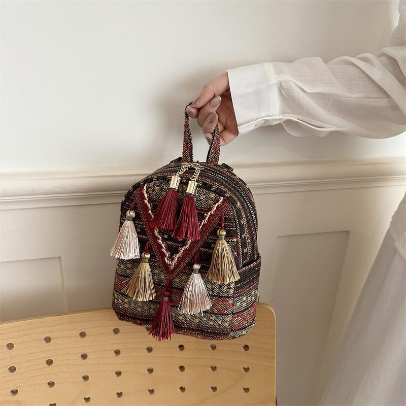 Schoolbag Spring Bag Women's New Backpack Tassel Weaving Ethnic Style Personalized Small Backpack Xiaohongshu Fast Shake Live Stream