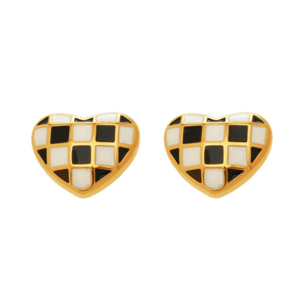Checkerboard Heart Enamel Stud Earrings - European & American Fashion, Stainless Steel