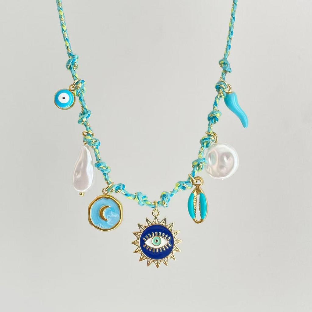 Summer Sea Breeze Starfish & Seashell Heart Pendant Rope Necklace