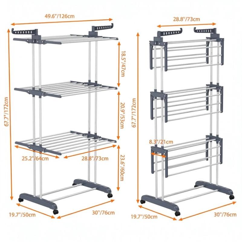 Stainless Steel Folding Clothes Drying Rack, Heavy Duty Laundry Drying Stand with 6 Retractable Trays & Wheels, Space Saving